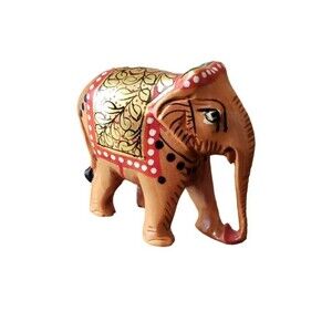 Miniature Wood Carved Hand Painted Elephant Red Gold Ornate 2" x 2"
